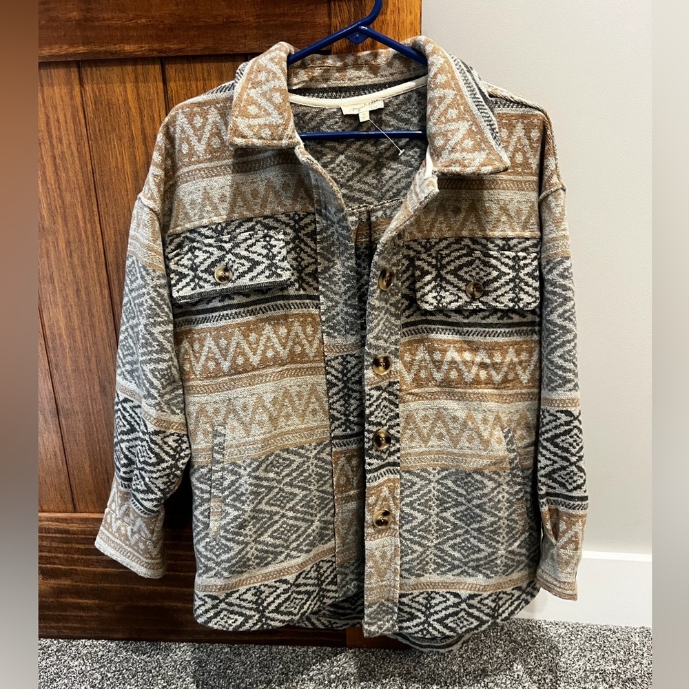 Mystree Aztec Patterned Button-Up Brushed Fleece Jacket women’s XS